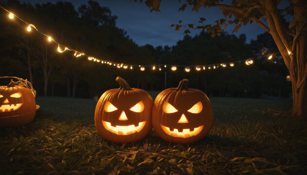 Two glowing halloween pumpkins and one glowing halloween pumpkin with a protective medical masks with sad eyes on a background with trees and candles  colorful background