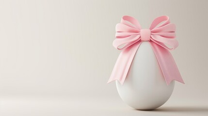 White egg with pink ribbon on top.