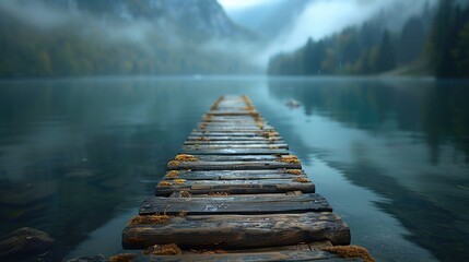 Wooden pier extending into a misty lake. Serene and tranquil nature scene.