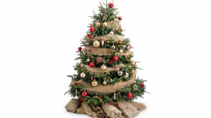 The ornaments and burlap garland are isolated on a Christmas tree