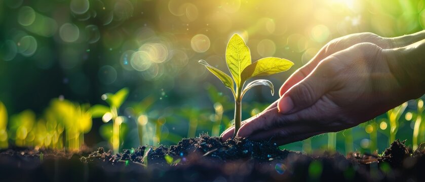 Farmers nurture a tree growing in fertile soil with bokeh background, a baby plant being nurtured/nature being protected/Earth Day images