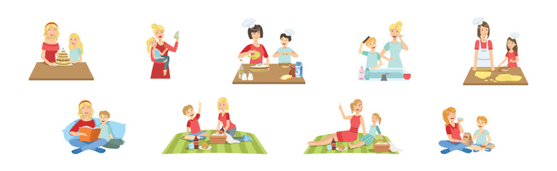 Fototapeta premium Mother and Kid Engaged in Daily Activity Vector Set