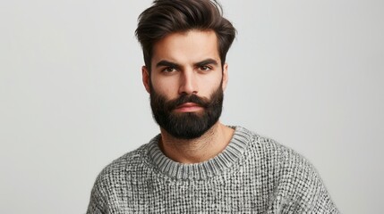 In studio, young handsome male poses against white background with beard, mustache, and trendy hairdo, wearing gray sweater, and listens to the interlocutor while maintaining serious expression.