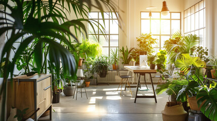 Fototapeta na wymiar A bright, airy office space filled with lush green plants and sunlight streaming through large windows. A desk is set up in the center of the room surrounded by various houseplants, creating an atmosp