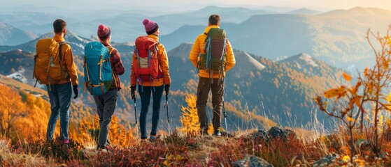 In this travel concept, four happy friends view mountains and have fun together. Text space available.