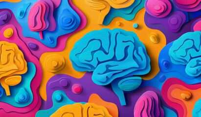 Abstract, brain and creative design in the style of paper for backdrop, wallpaper or graphic poster advertising with copyspace. Rainbow, layers and craft template for background or mental health