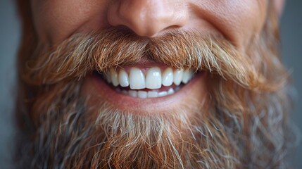 Man s beaming smile macro detail beard and teeth pure happiness - obrazy, fototapety, plakaty