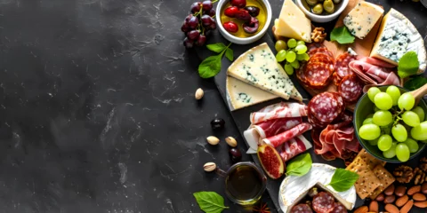 Fotobehang A rustic plate of Italian delicatessen and wine Delightful Charcuterie Board Cheeses Meats Fruits and Nuts Against Rustic Background. © Fatima