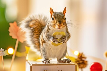 squirrel standing on mini podium, wearing a gold medal and cape