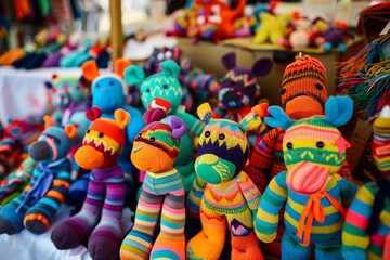 Fototapeta na wymiar a collection of vibrant sock puppets for sale at a craft market
