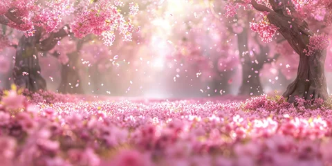 Badezimmer Foto Rückwand Soft petals fall like snow amidst a sun-drenched pink park filled with blooming cherry blossoms © road to millionaire