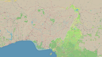 Nigeria outlined. OSM Topographic German style map