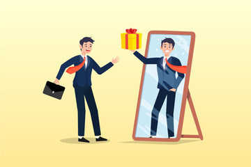 Businessman get reward from himself in the mirror for self motivate, reward yourself when success or achieve personal goal to increase motivation and inspiration, celebrate victory or winning (Vector)