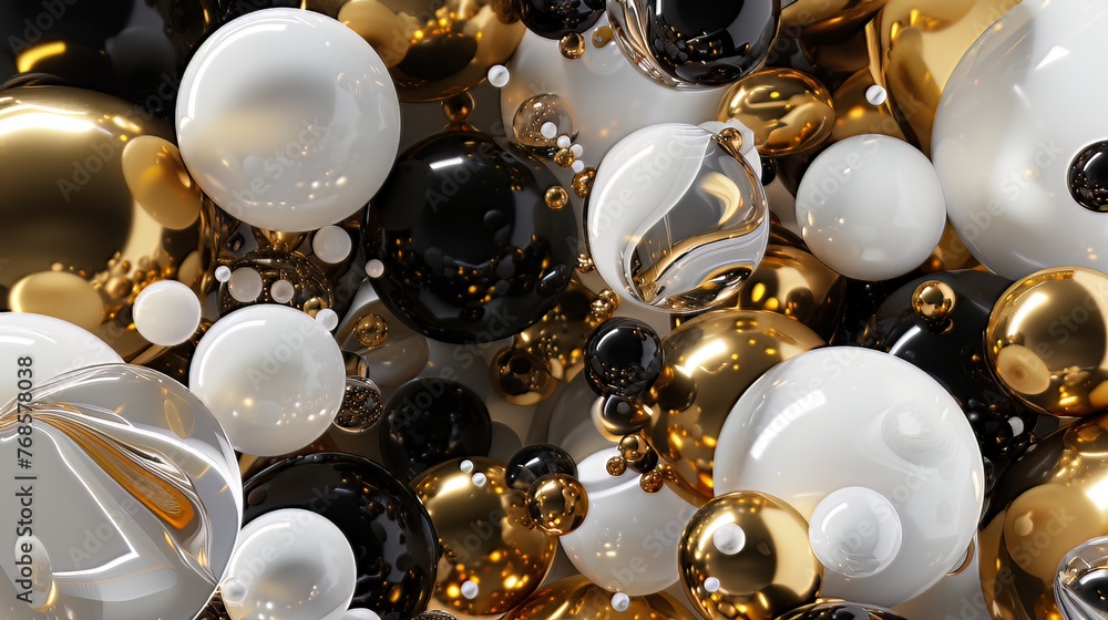 Aufkleber imagine a captivating 3d render featuring a cluster of abstract spheres and solids in gold, white, a