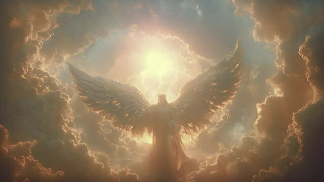 Guardian angel in the clouds of heaven. Spiritual background. Archangel. Heavenly angelic spirit with wings. White angel. Belief. Afterlife. Spiritual Angel. Blessing. Sky clouds with bright light ray