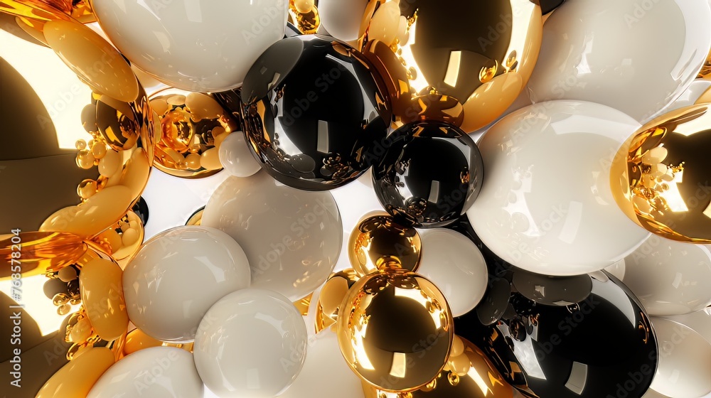 Aufkleber imagine a captivating 3d render featuring a cluster of abstract spheres and solids in gold, white, a