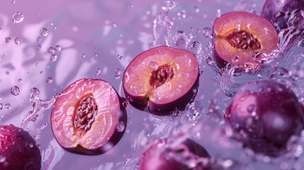 Plum Halves Floating in Water on a Muted Plum Background.
