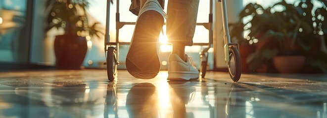 Close up on a patients feet taking the first steps with a walker representing determination and the journey to recovery - Powered by Adobe