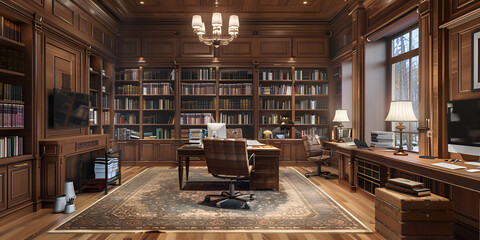 A library with a wooden table and chairs with books on the shelves created  - obrazy, fototapety, plakaty