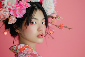 Stylish Asian Female Model in Pink Studio Portrait