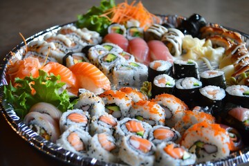 a sushi platter with various rolls and nigiri