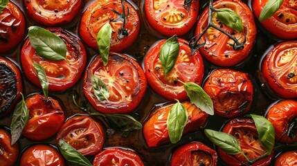 Roasted cherry tomatoes with basil and black pepper.