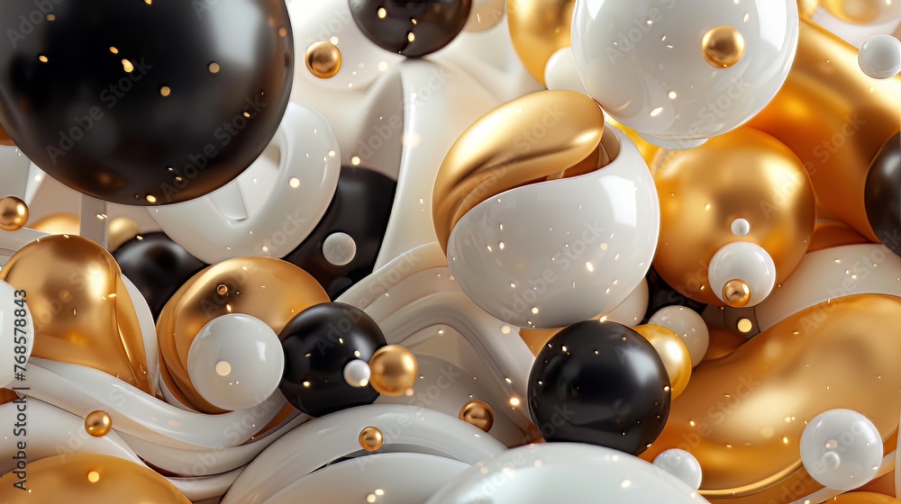 Aufkleber imagine a captivating 3d render featuring a cluster of abstract spheres and solids in gold, white, a