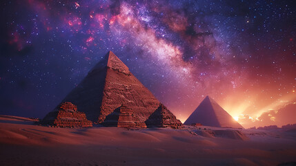 Pyramids of Giza under a technicolor sky ancient wonders in a vibrant digital perspective - obrazy, fototapety, plakaty