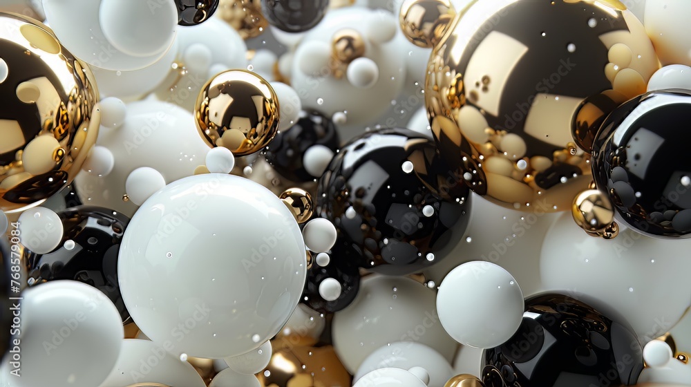 Aufkleber imagine a captivating 3d render featuring a cluster of abstract spheres and solids in gold, white, a