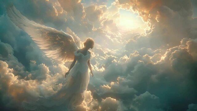 Guardian angel in the clouds of heaven. Spiritual background. Archangel. Heavenly angelic spirit with wings. White angel. Belief. Afterlife. Spiritual Angel. Blessing. Sky clouds with bright light ray