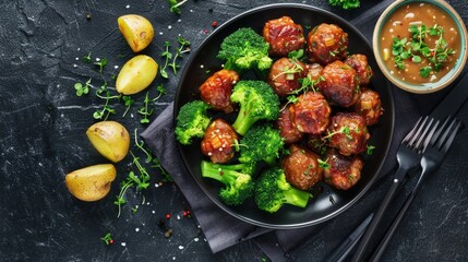 Glazed meatballs with broccoli and potatoes on a dark plate.