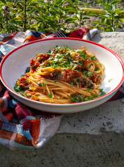 Classic pasta pomodoro al dente spaghetti with tomato sauce and parsley