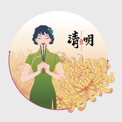 Ching Ming Festival or Tomb-Sweeping Day,Girl holding joss sticks Miss the deceased to pay respect vector illustration. (text: Ching Ming festival)
