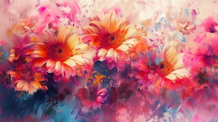 Vibrant bursts of abstract flowers blooming across the canvas, their petals unfurling in a riot of...