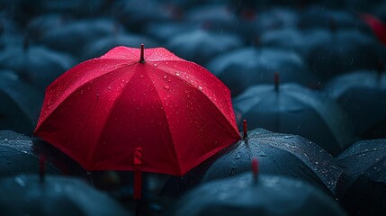 Single individual carrying a vibrant red umbrella among a sea of people with black umbrellas detailed and high resolution image