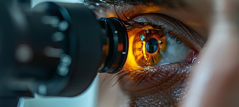 Intimate close up of an ophthalmoscope being used by an optometrist essential for eye examinations