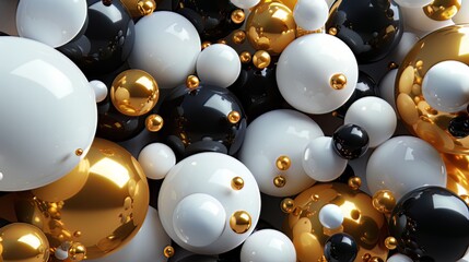 Imagine a captivating 3D render featuring a cluster of abstract spheres and solids in gold, white, and black, creating a visually striking and dynamic composition. 