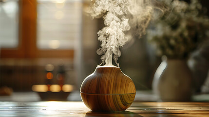 Macro shot of essential oils being diffused with a focus on aromatherapy for emotional and physical...