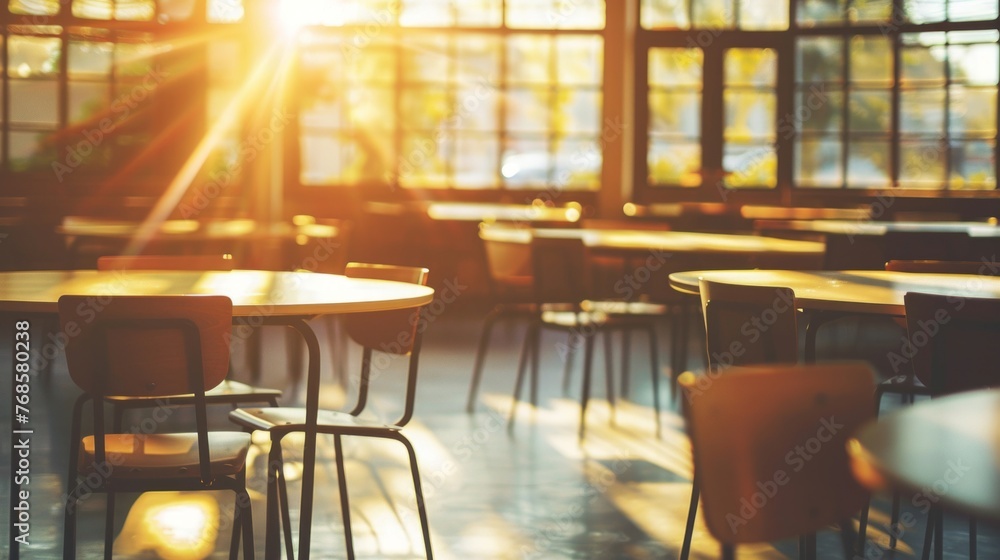 Aufkleber an empty sunlit classroom with numerous tables and chairs creating a structured layout.