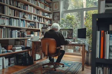 elderly man working on a computer in a home office - 768580200