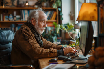 elderly man working on a computer in a home office - 768580235