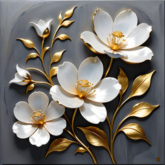 High-quality artwork mother-of-pearl silver white lacquerware and gold a flower with meticulous design by devoid of shine.(Generative AI) 