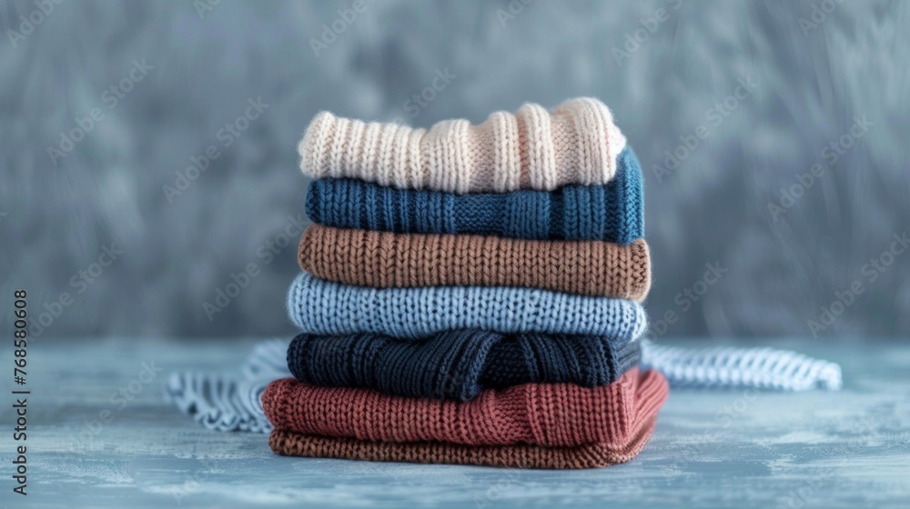 Poster a stack of neatly folded sweaters sitting on top of a table.