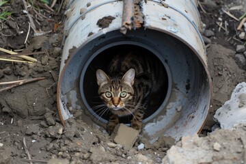 Fototapeta na wymiar striped cat sneaking through a partially built drainage pipe