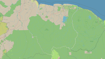Suriname outlined. OSM Topographic German style map