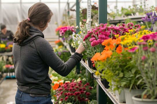 overtheshoulder shot of selecting flowers at a nursery