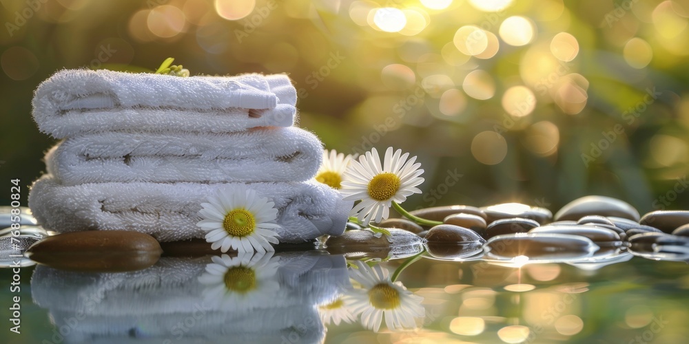 Poster a stack of white towels neatly arranged on top of a table, creating a clean and orderly spa ambiance