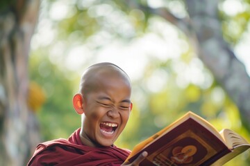 young monk chuckling while reading a spiritual book outdoors - obrazy, fototapety, plakaty