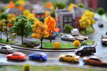 Obraz na płótnie Canvas miniature city setup on a table with toy cars and trees