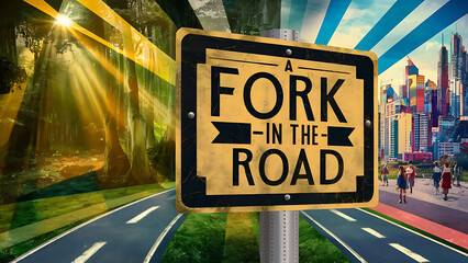 road that splits into two distinct paths, with a sign indicating “A FORK IN THE ROAD"